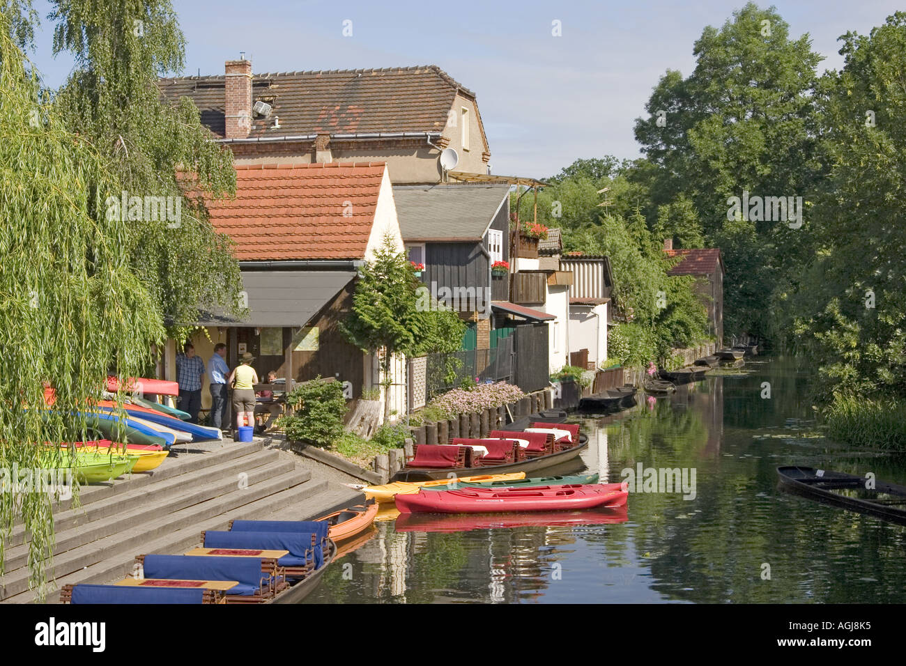 germany brandenburg spreeforest canal with landing stage in the oldtown of luebbenau Stock Photo