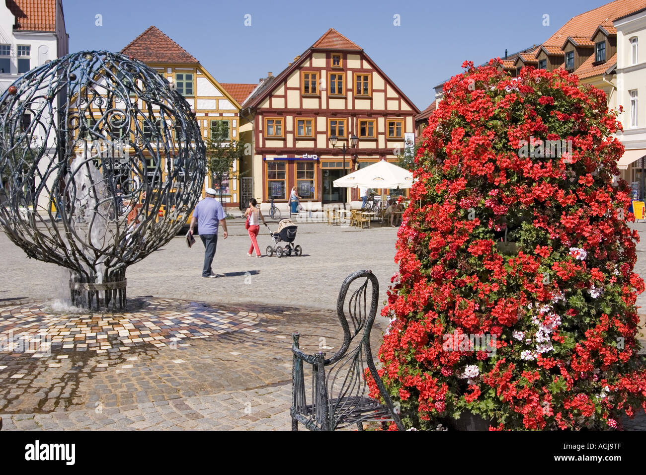 germany mecklenburg vorpommern down town of waren with pedestrian precinct marketplace and framework houses Stock Photo