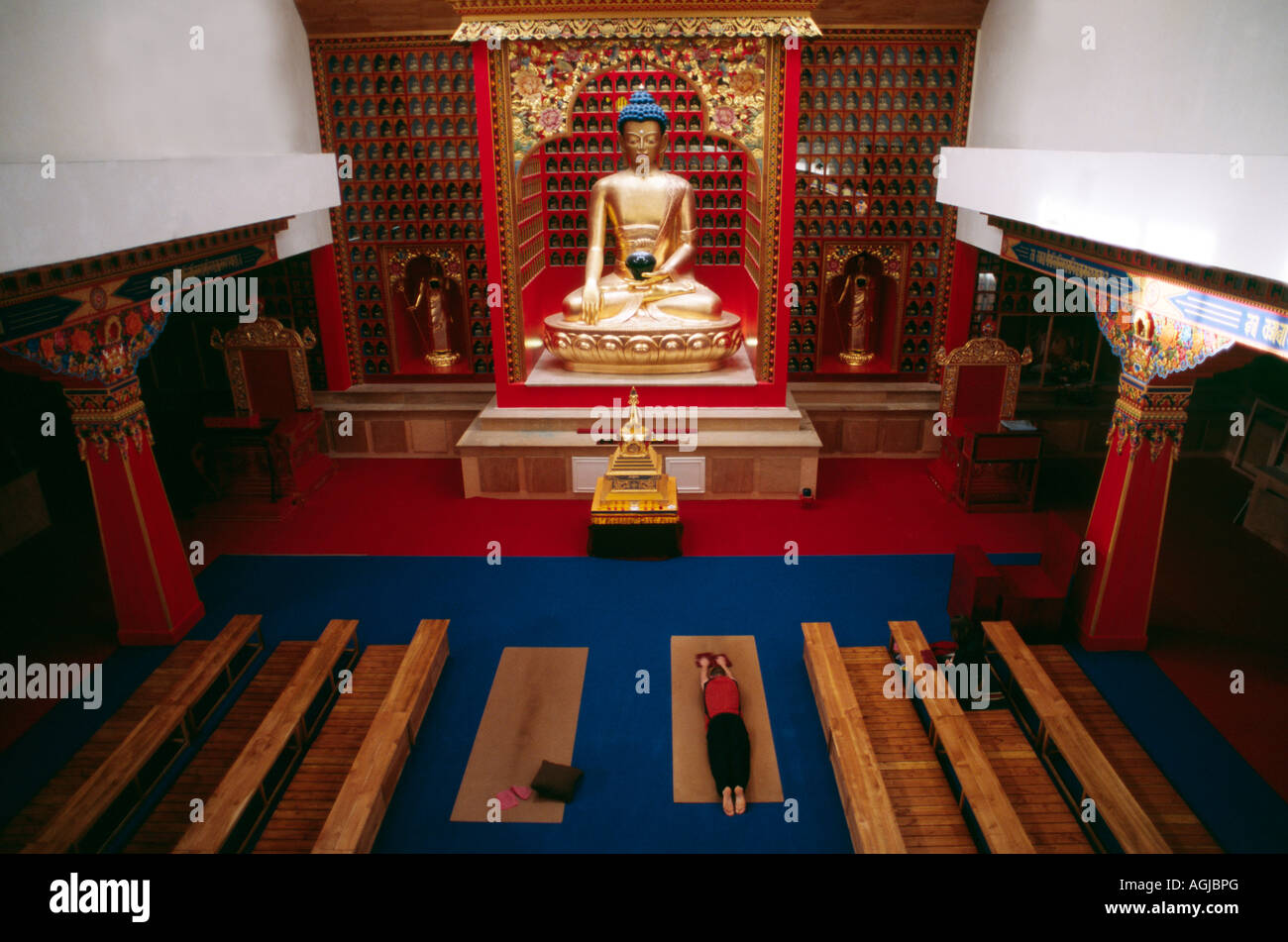 Kaguypa Buddhist practitioner prostrating in a Tibetan Buddhist monastery Gompa Stock Photo