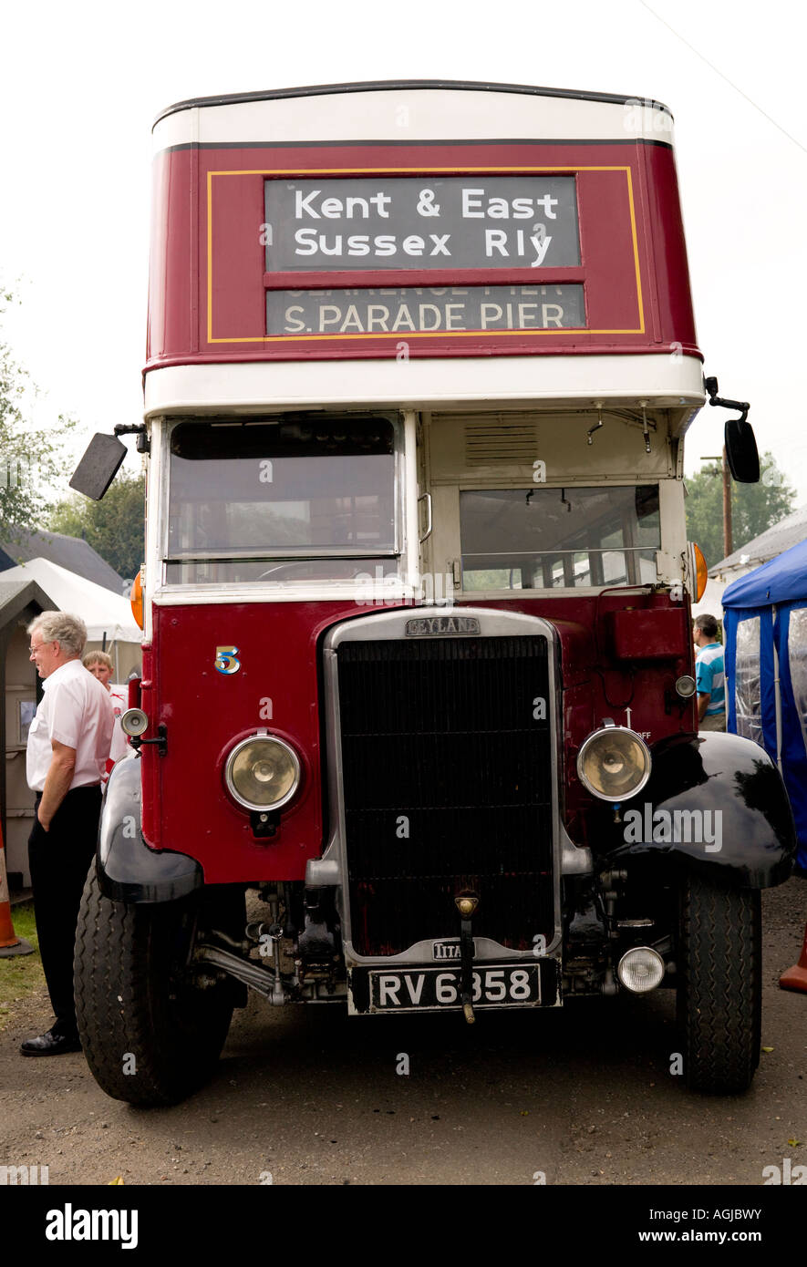 A Leyland bus at Bodiam railway station, Kent Stock Photo