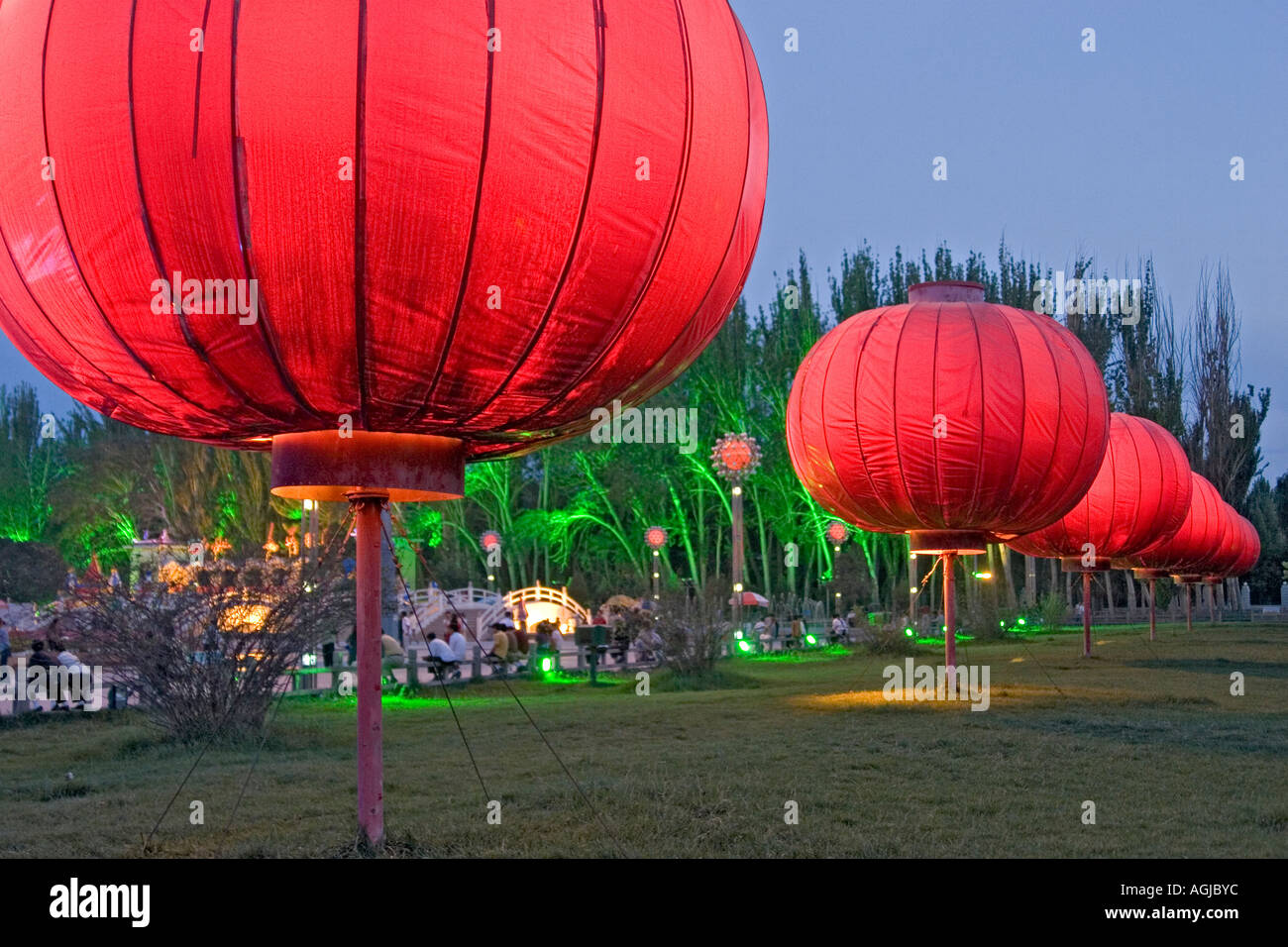 asia china with chinese lampions illuminated square in kashgar at silkroad Stock Photo