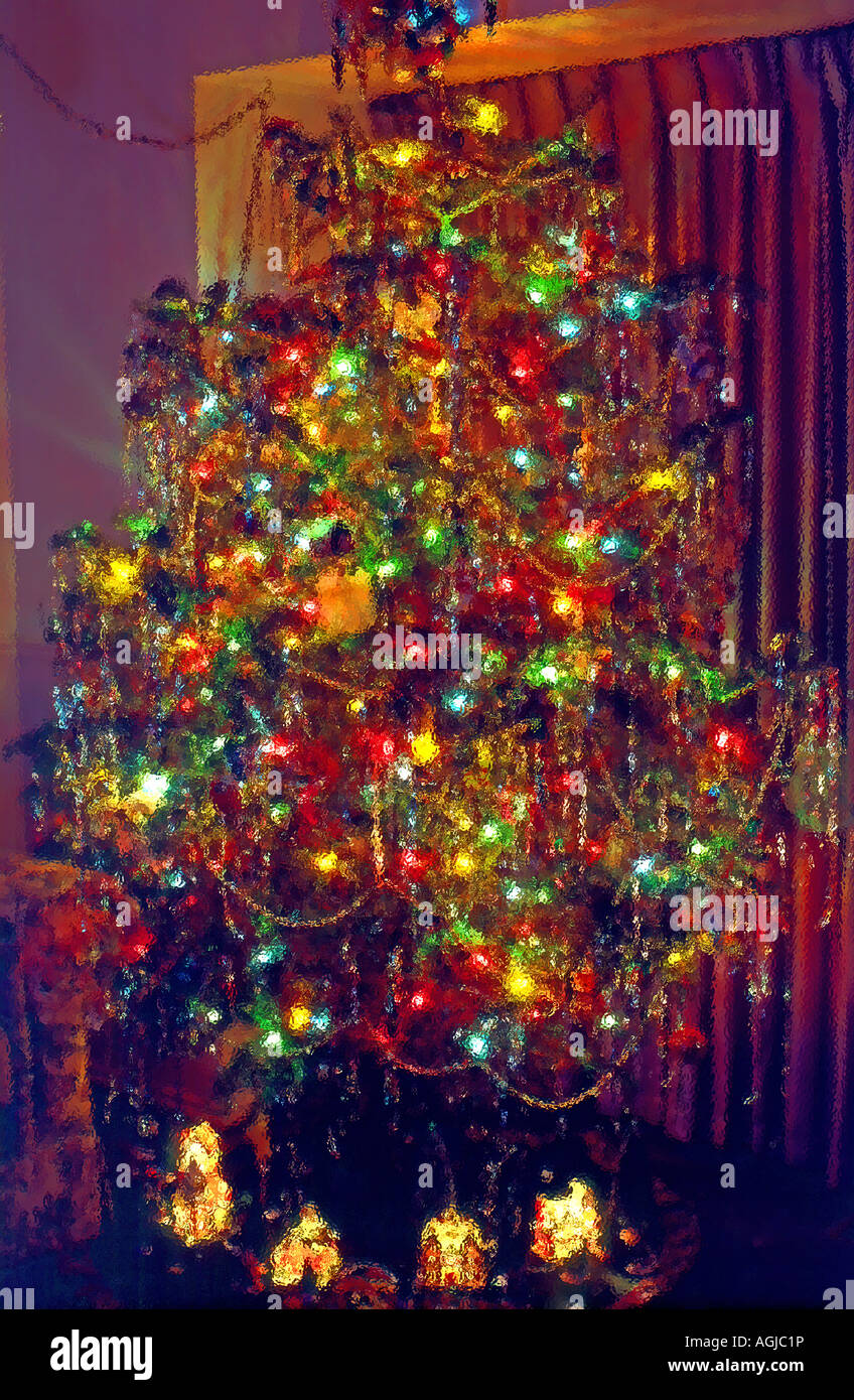 An old-fashioned style american Christmas tree in a darkened living room. Artistic, abstract effect created using PS CS2. Stock Photo