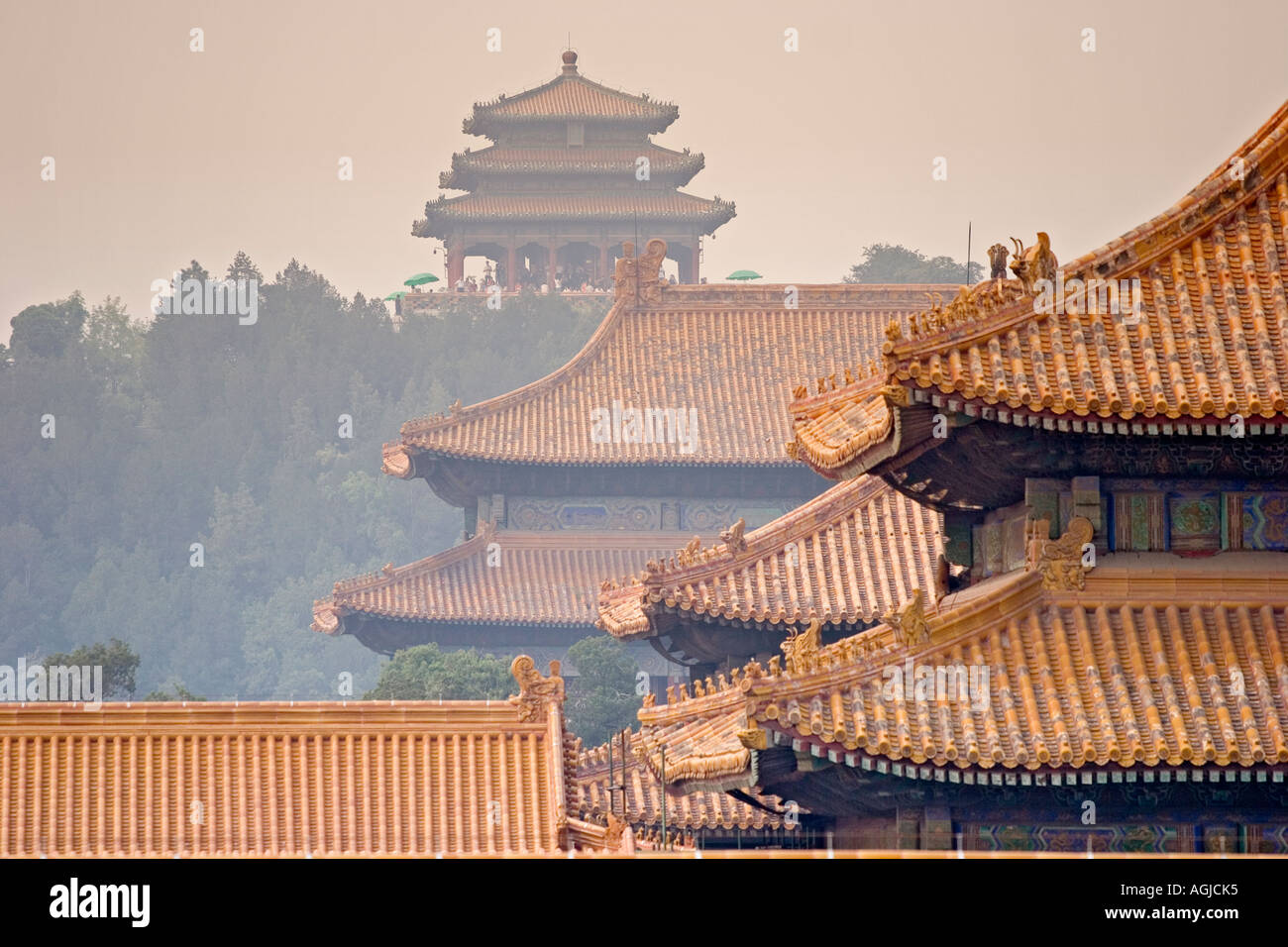 asia china roofs with mythical creatures in forbidden city in beijing Stock Photo