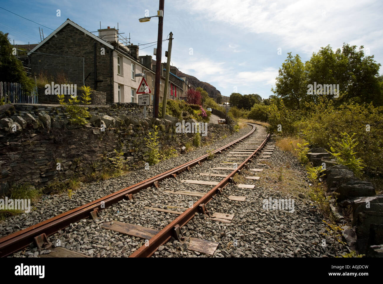 Abandoned railway line Blaenau Ffestiniog town Gwynedd North Wales