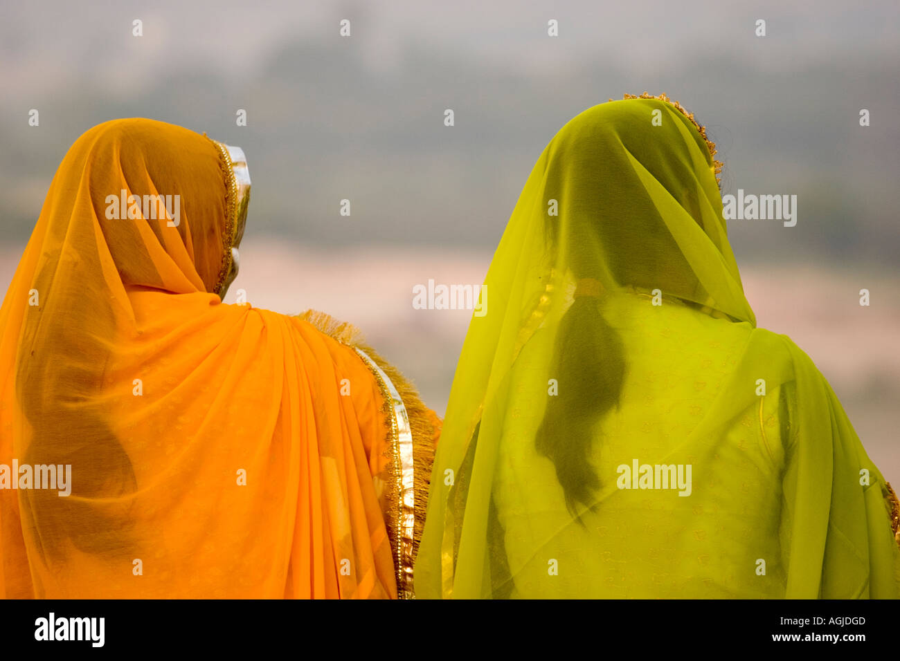 asia india 2 indian women with coloured saris Stock Photo
