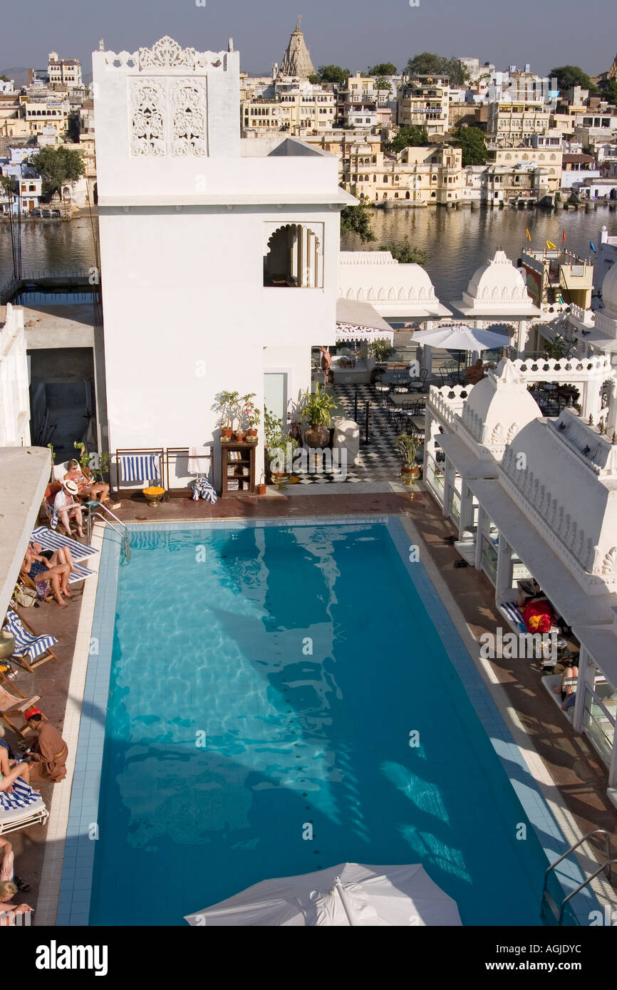indiaview on the swimmingpool of the hotel udai khoti with the city of udaipur in the background Stock Photo