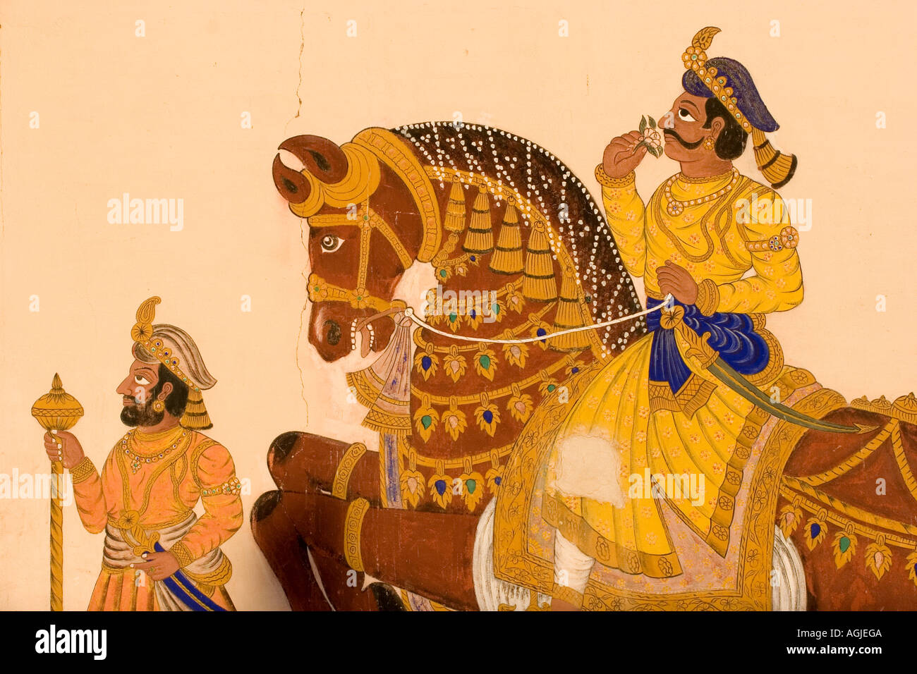 india wallpainting with horse and rider in udaipur rajasthan Stock Photo