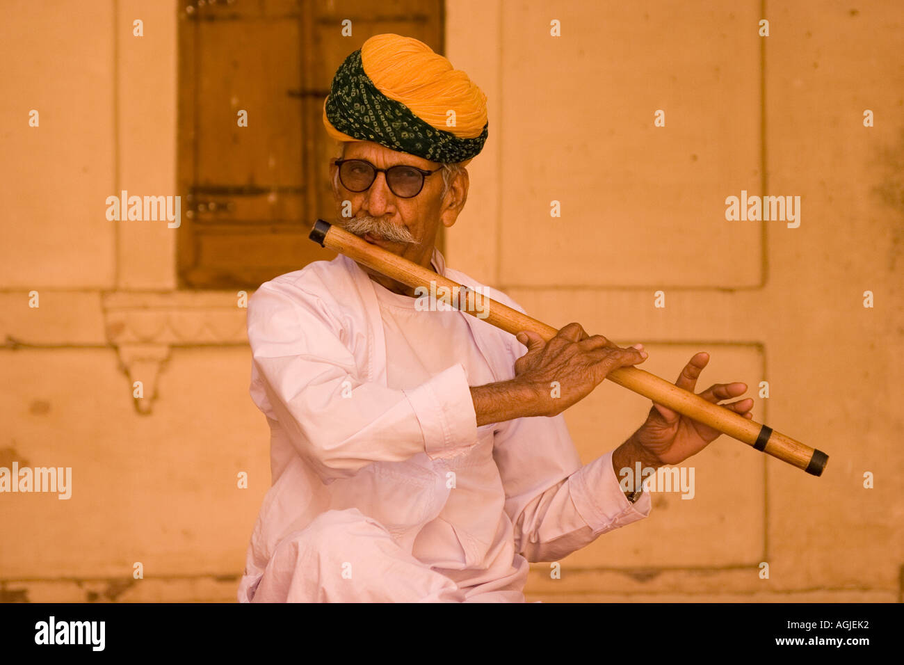 india musician with flute in the merangarh fortress in jodhpur rajasthan Stock Photo
