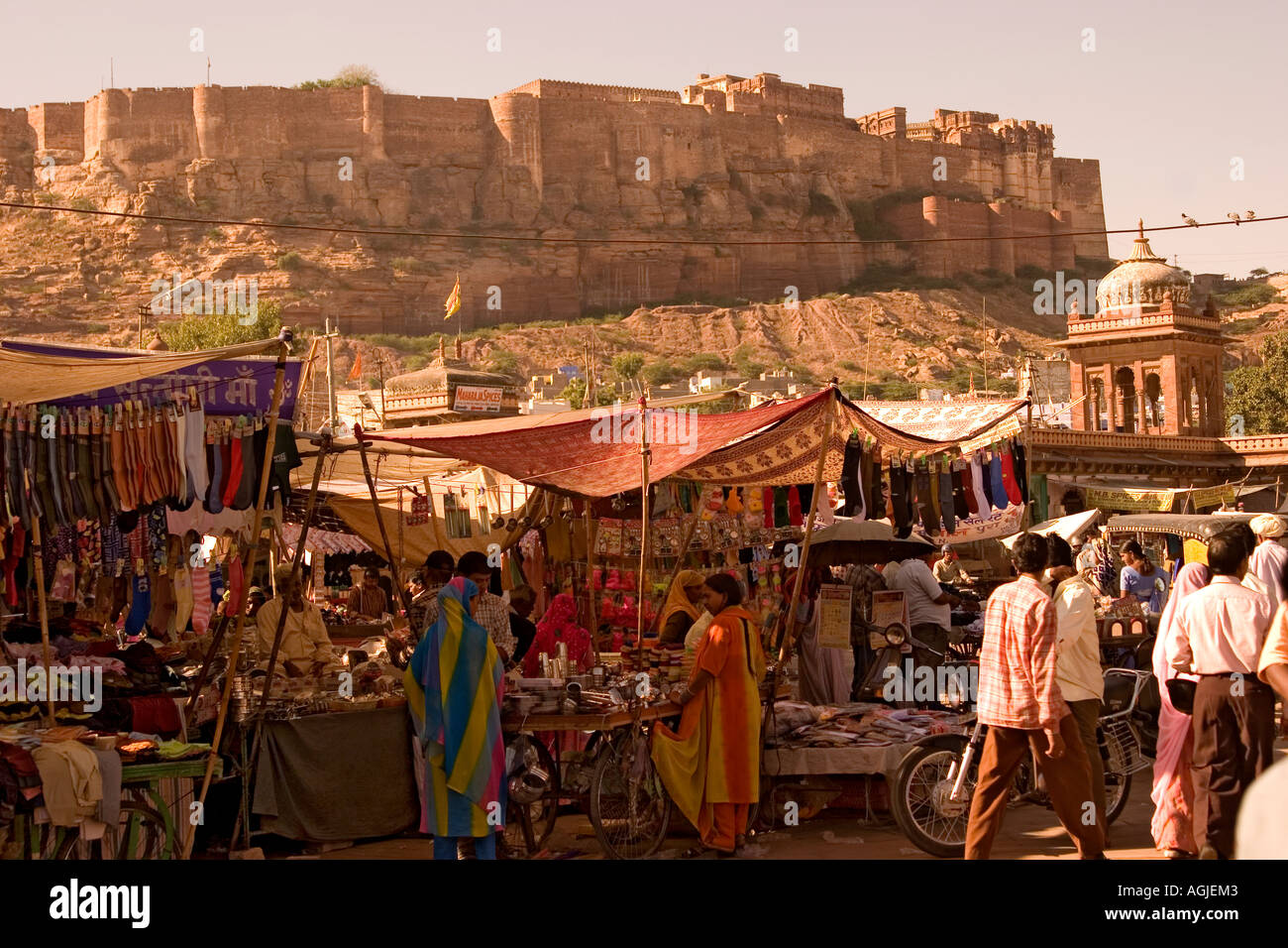 india market place with fortress in jaisalmer rajasthan Stock Photo