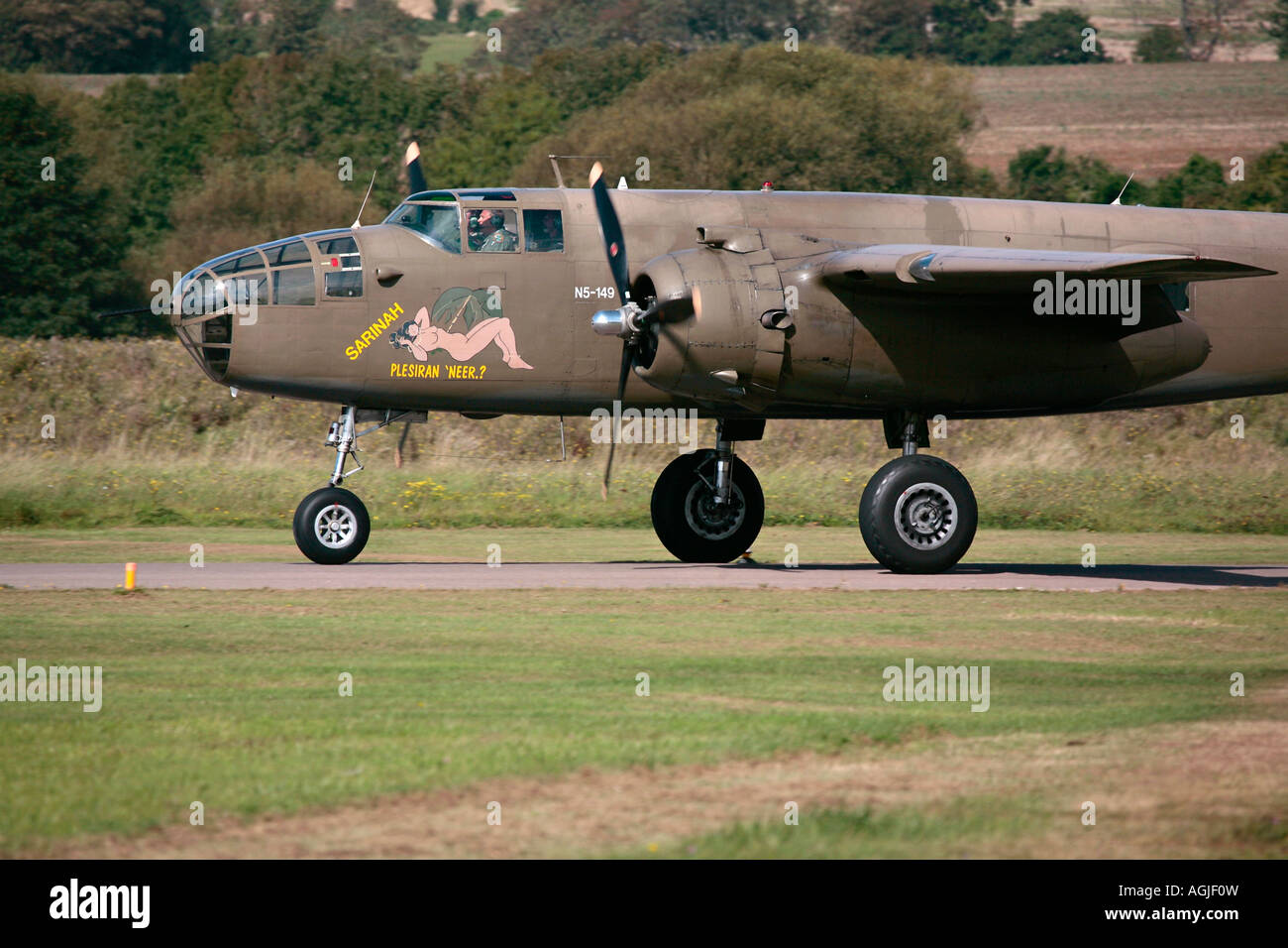 The vintage B-25 Mitchell bomber on runway at Shoreham Airport, Sussex Stock Photo