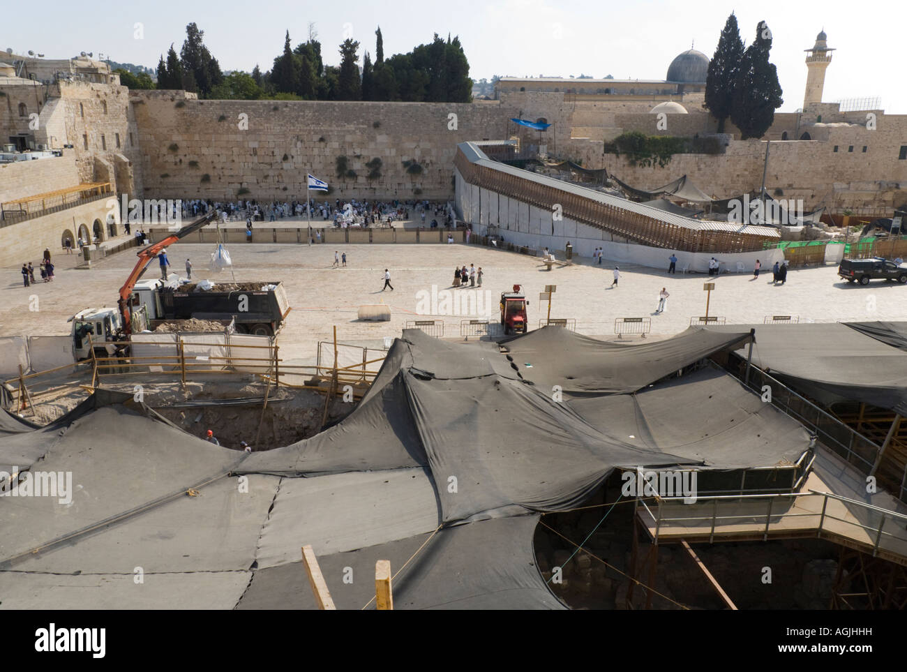 Israel Jerusalem old city Western Wall large panoramic view of front square with archelogic searches in process in frgd and El A Stock Photo