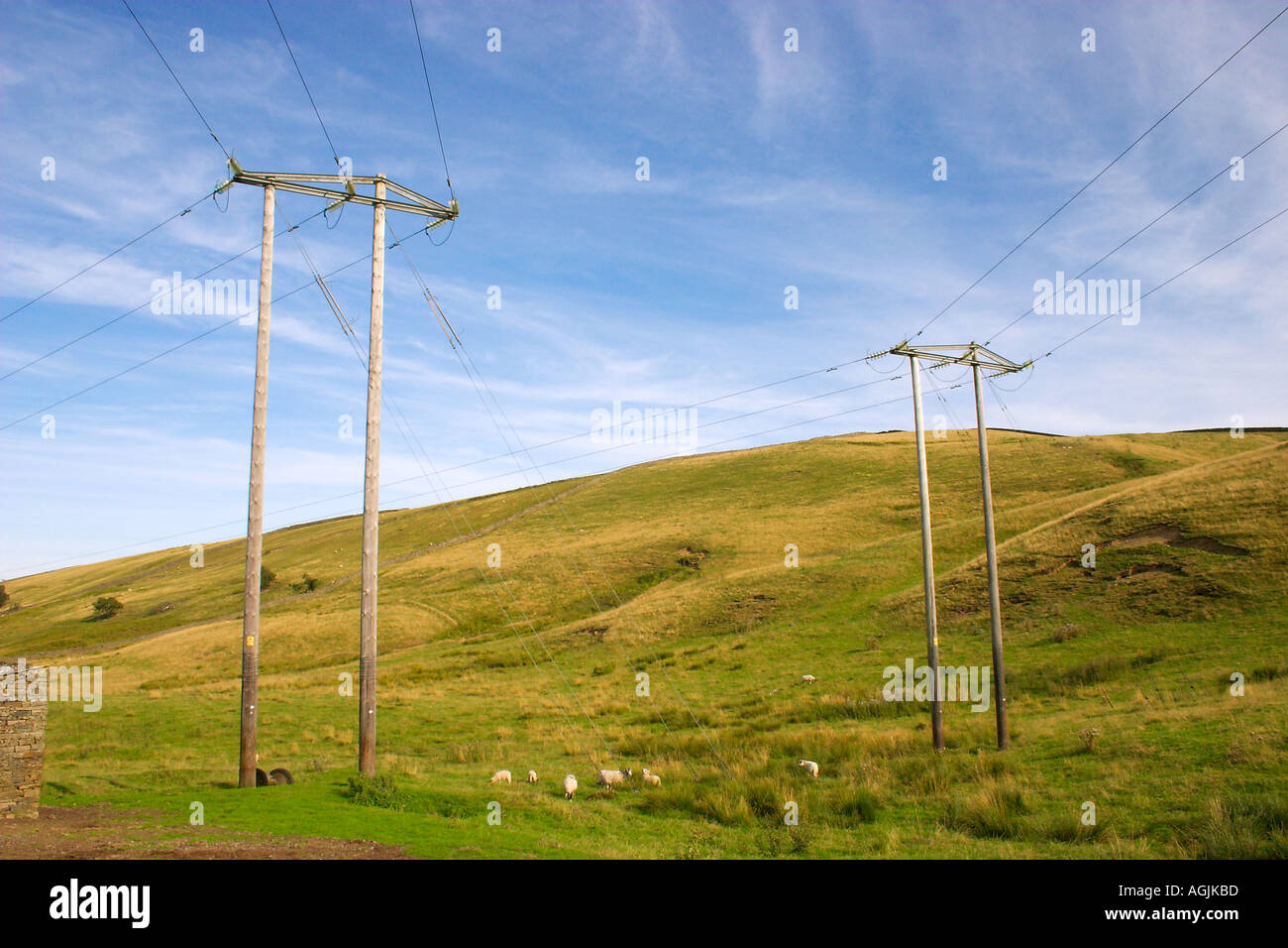 Electricity pylons in moorland with a blue sky Stock Photo - Alamy