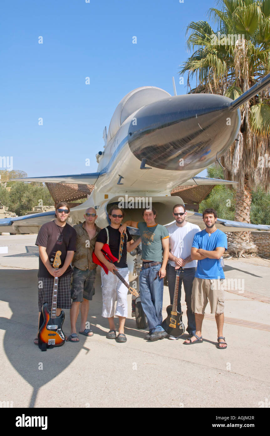 Israeli Air Force museum The Humble Kings rock band in front of Israel Aircraft Industry Lavi B 2 Designed and built in Israel Stock Photo