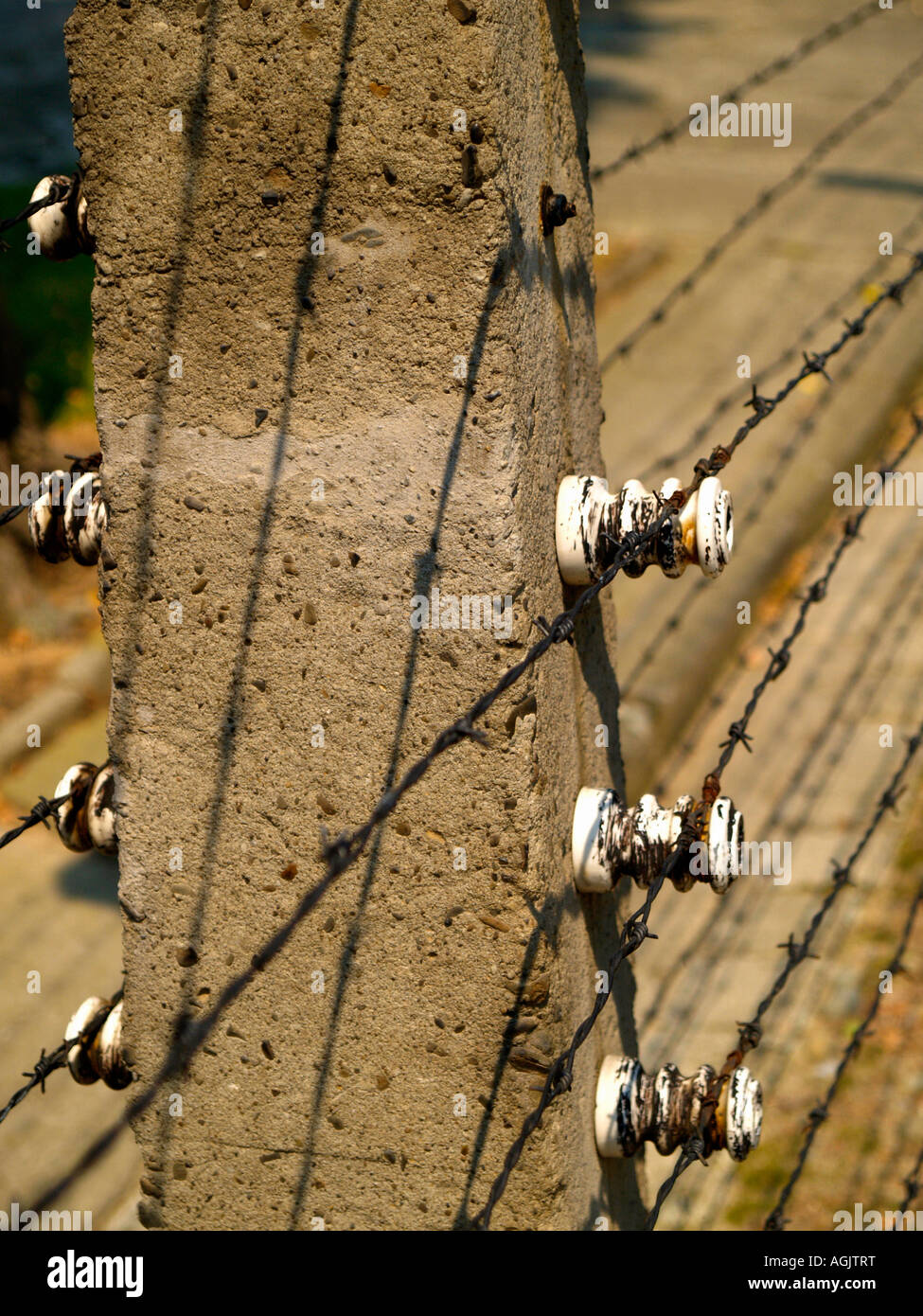 Detail of electrified barbed wire at the Auschwitz concentration camp outside of Krakow, Poland. Stock Photo