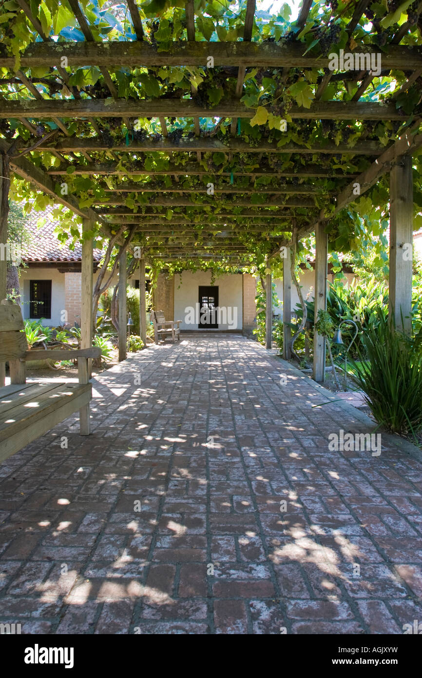 Trellis providing shade over a brick walkway in the courtyard of the