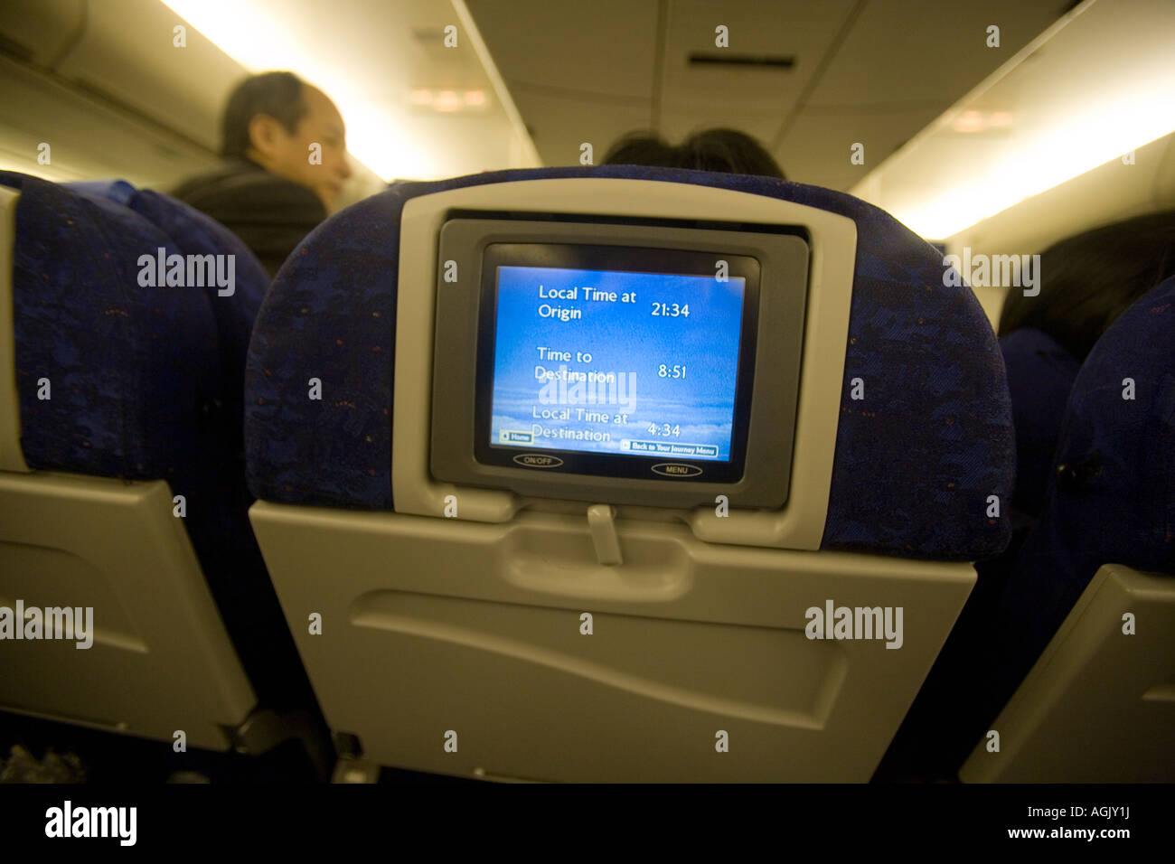TV screen showing the duration of a long haul flight in a Boeing 747 jumbo jet Stock Photo