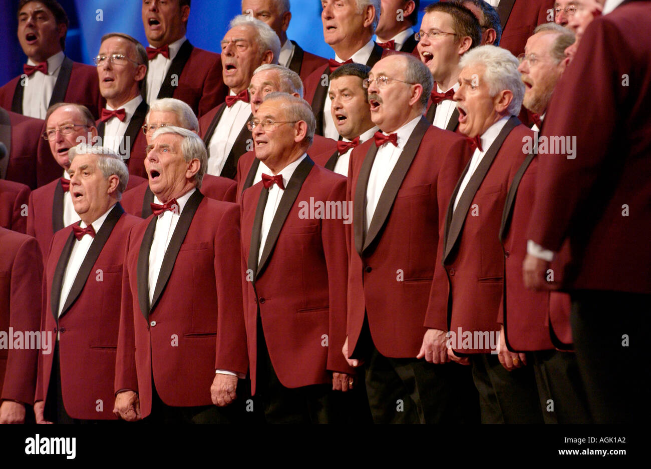 Male voice choir singing on stage at the National Eisteddfod of Wales