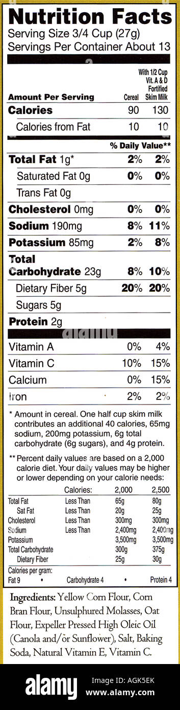 Nutrition Facts Label From A Box Of Puffins Cereal Stock Photo Alamy