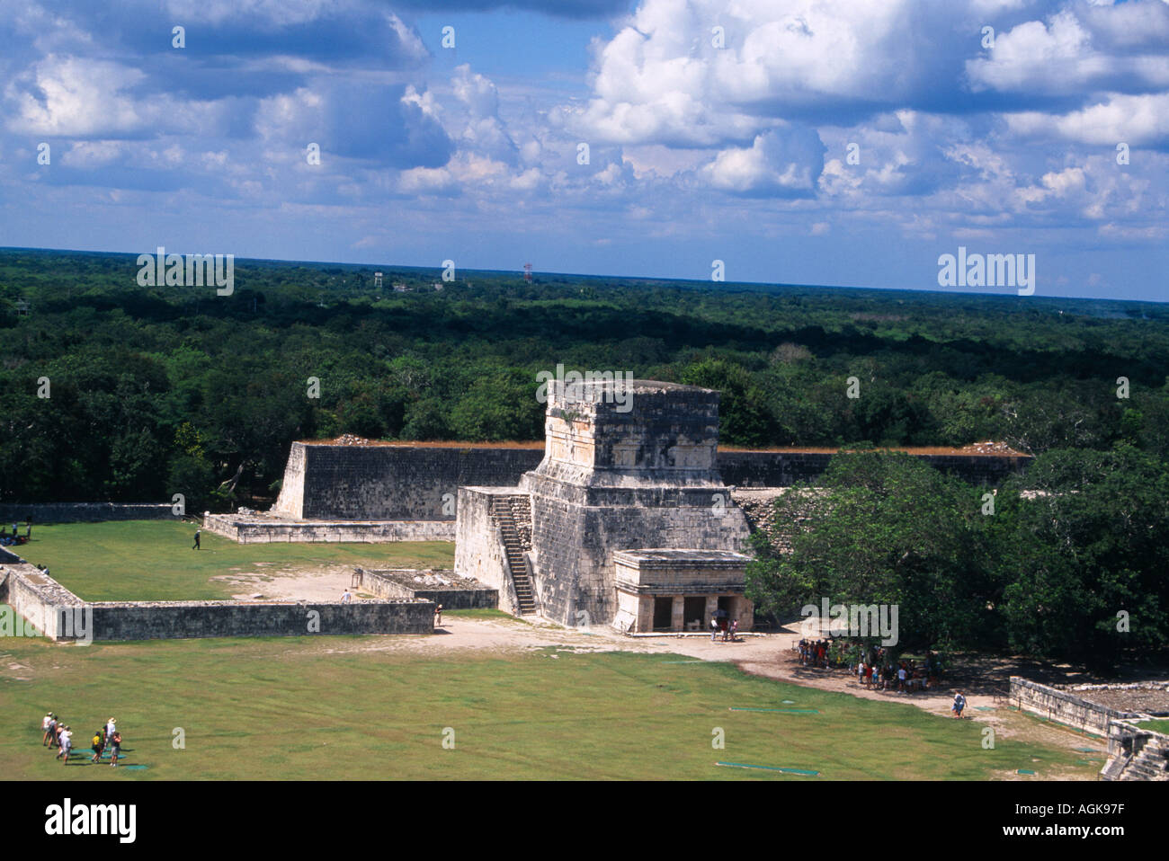 Aerial view of the great Ball Court Gran juego de Pelota seen from the top of El Castillo at Chichen Itza in Mexico Stock Photo