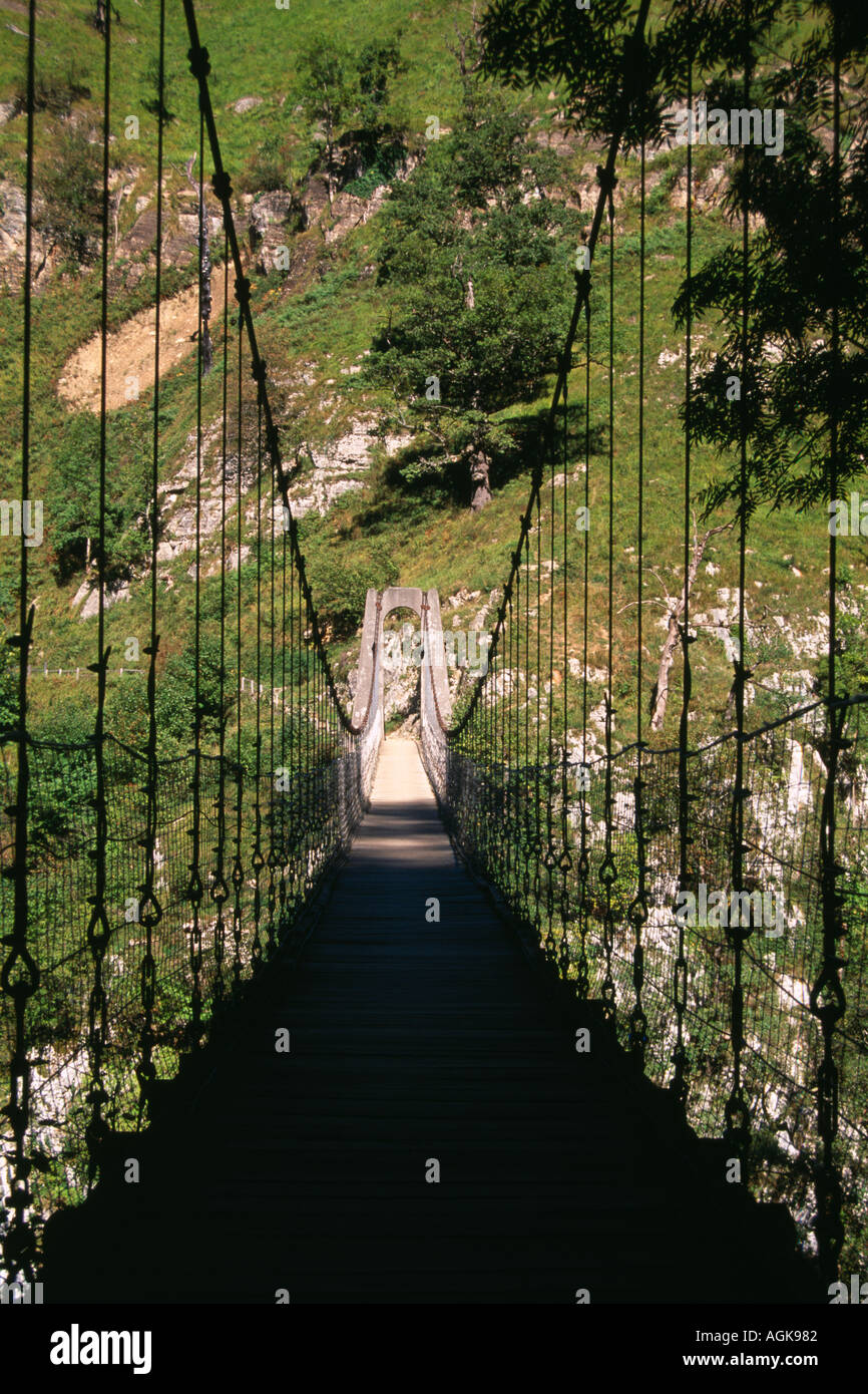 The wooden suspension bridge of Holzarte in the French Pyrenees near Larrau Stock Photo