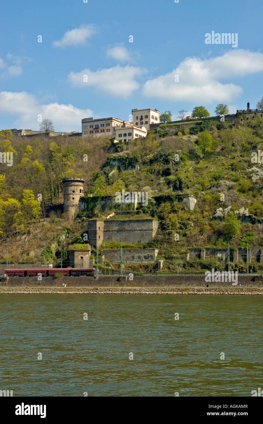 Koblenz; view over the Rhine to Ehrenbreitstein fortress. Stock Photo
