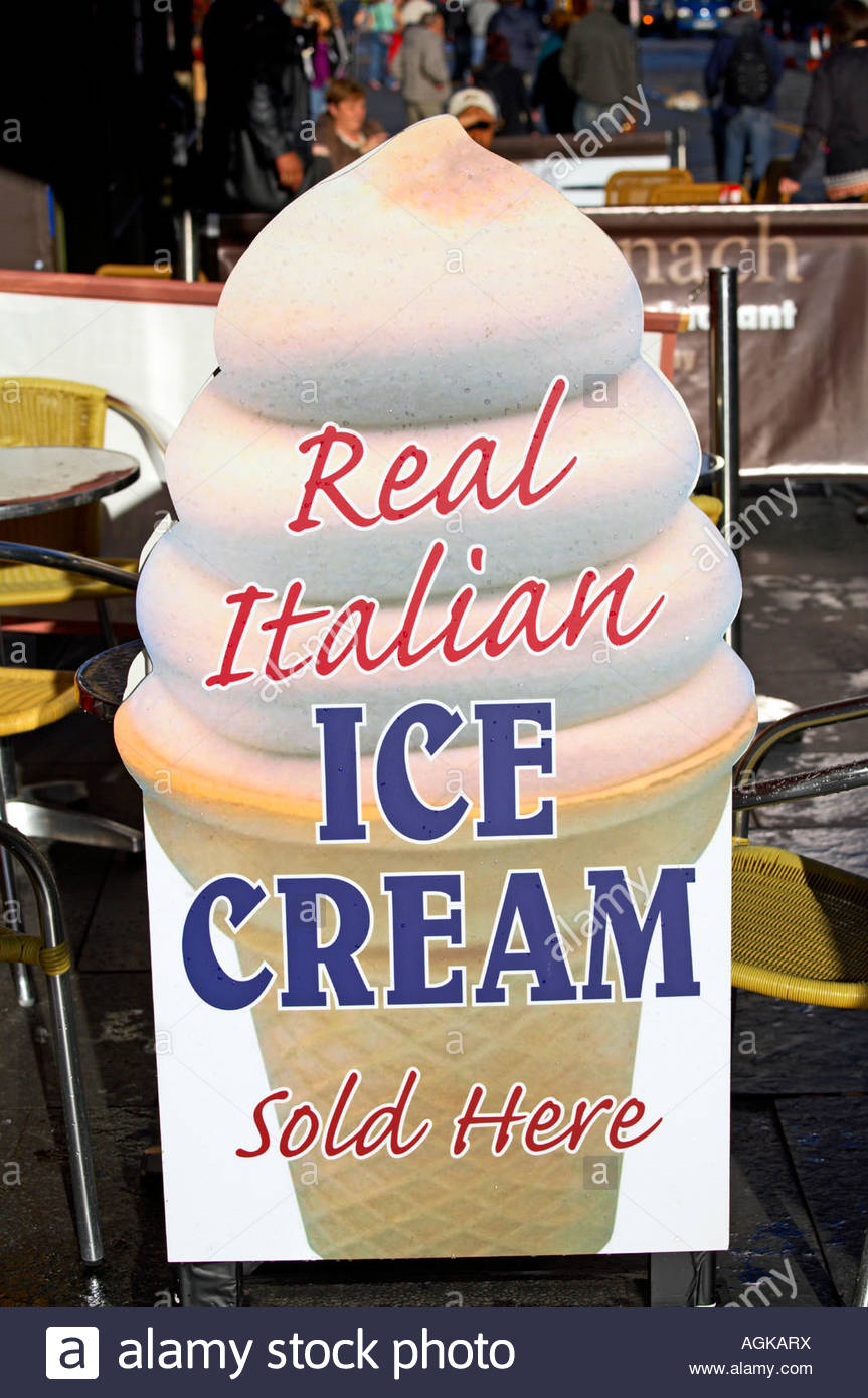 Real Italian ice cream sold here signpost Stock Photo Alamy