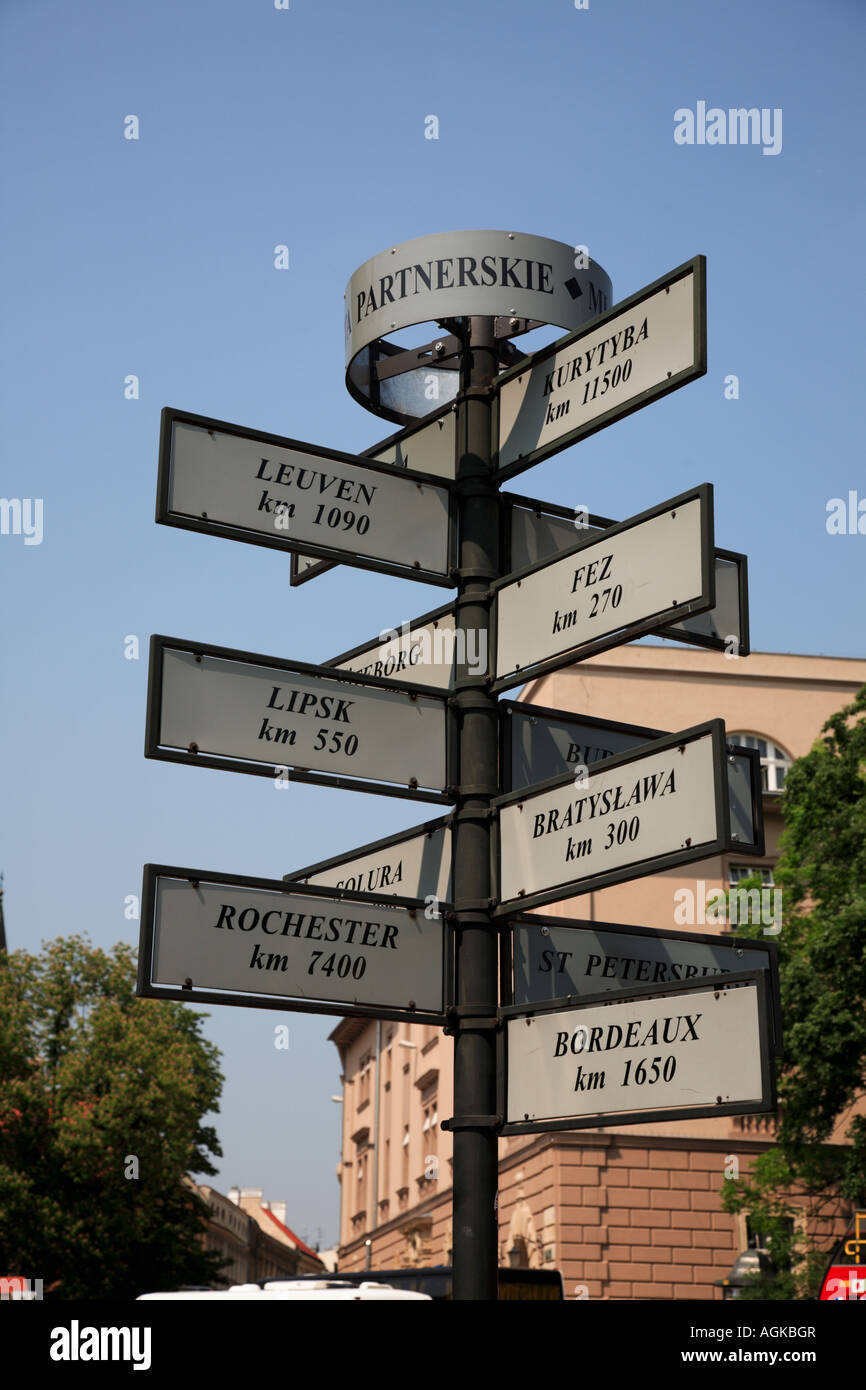 Signpost with towns twinned with Kracow Stock Photo Alamy
