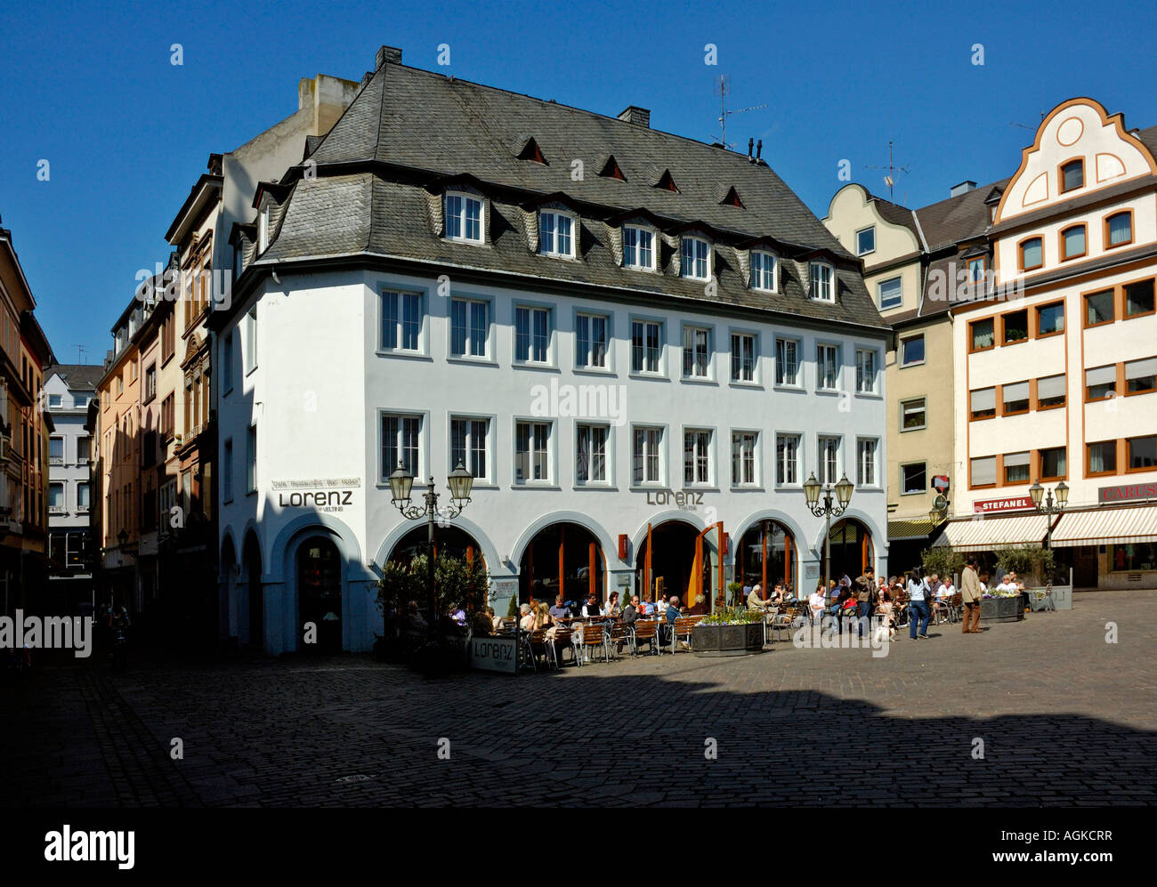 Street Café on Jesuit Square in Koblenz, Germany. Stock Photo