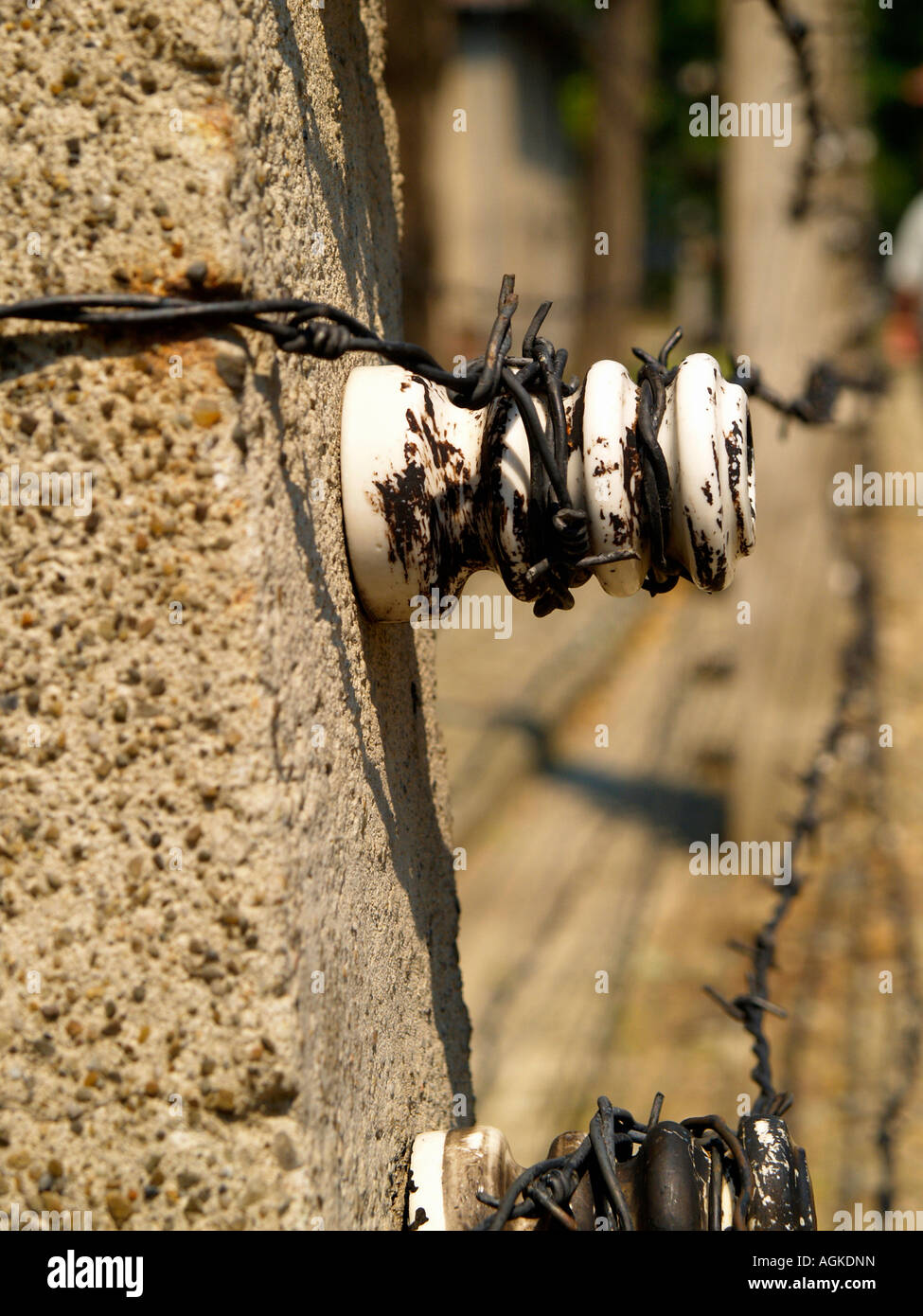 Detail of electrified barbed wire at the Auschwitz concentration camp outside of Krakow, Poland. Stock Photo