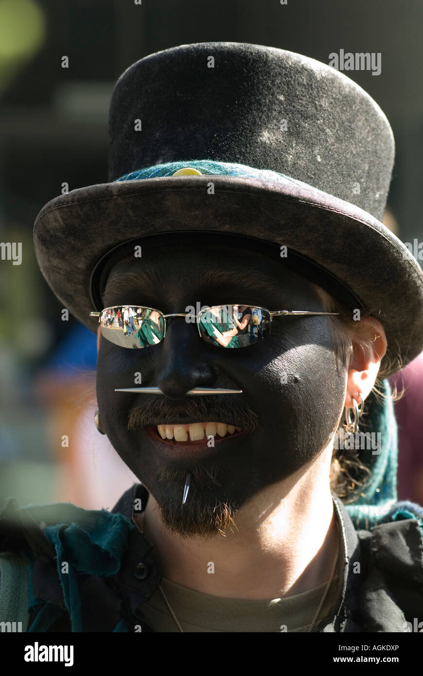 Blacked Up Morris dancers UK. Black face modern Morris dancer with nose and chin piercing Deal Kent England 2007 2000s HOMER SYKES Stock Photo