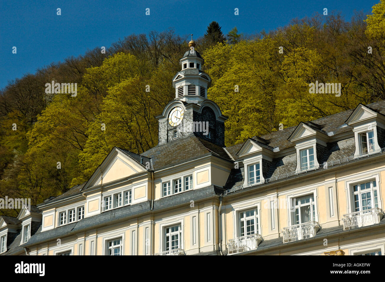 View of the clock tower and roof of the Cure House in bad Ems, Germany. Stock Photo