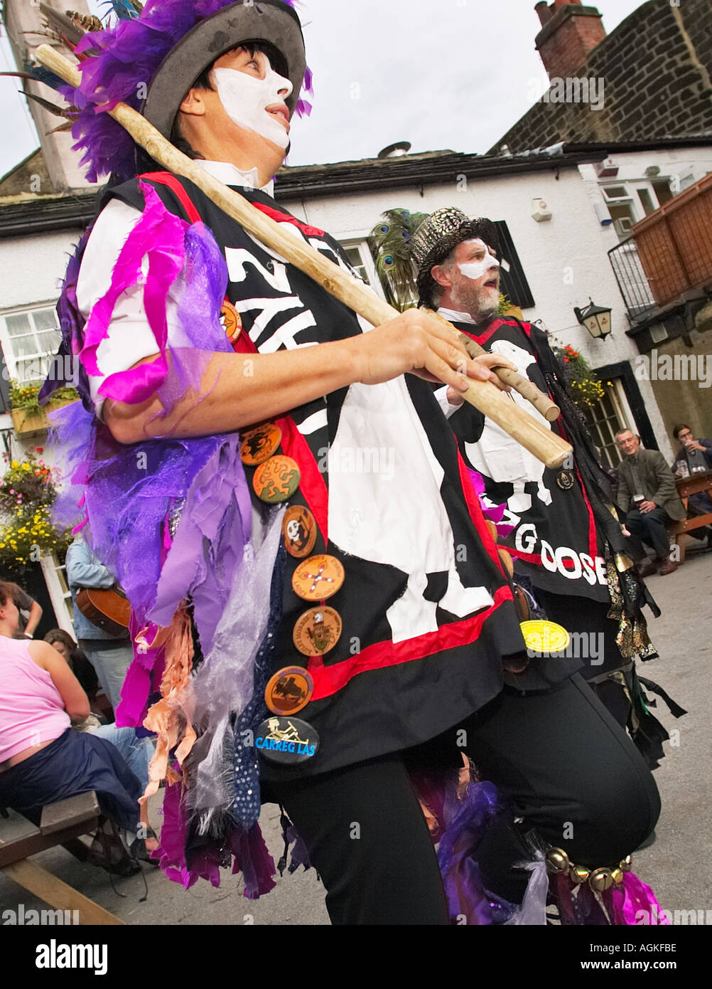 Wayzgoose female Morris dancer dancing at a Folk Festival, Yorkshire, England, UK Stock Photo
