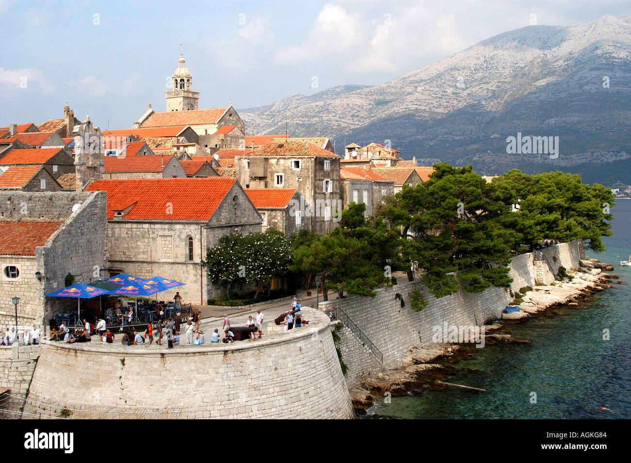 Sea walls of the Old Town and St Mark s Cathedral Korcula Croatia Stock Photo