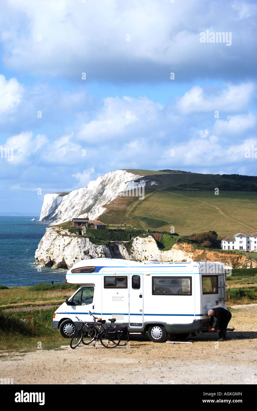 Camper van parked near the chalk cliffs of Freshwater Bay, Isle of