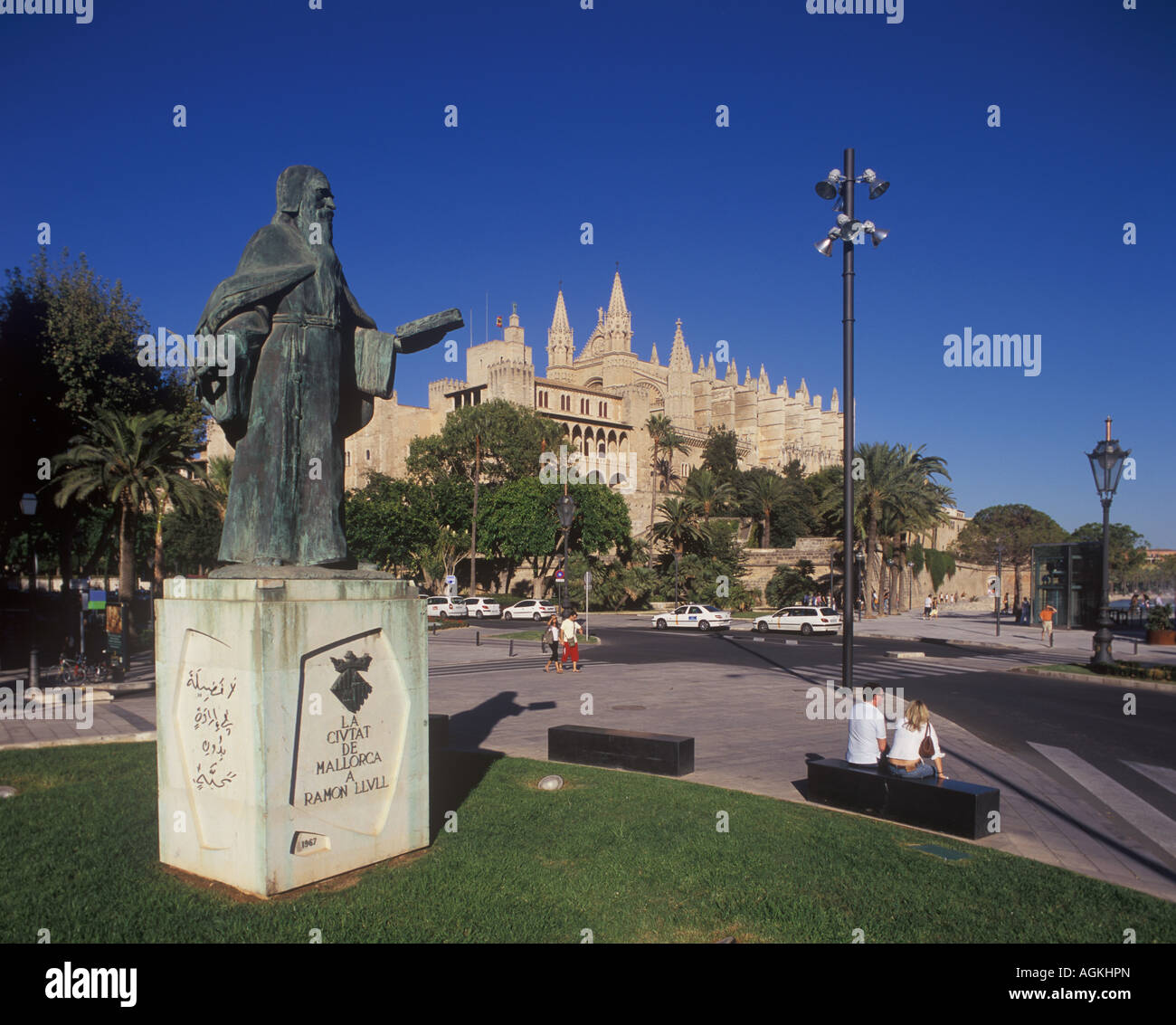 Monument to Ramon Llull, Scholar + famous Gothic Cathedral, Palma de Mallorca Stock Photo