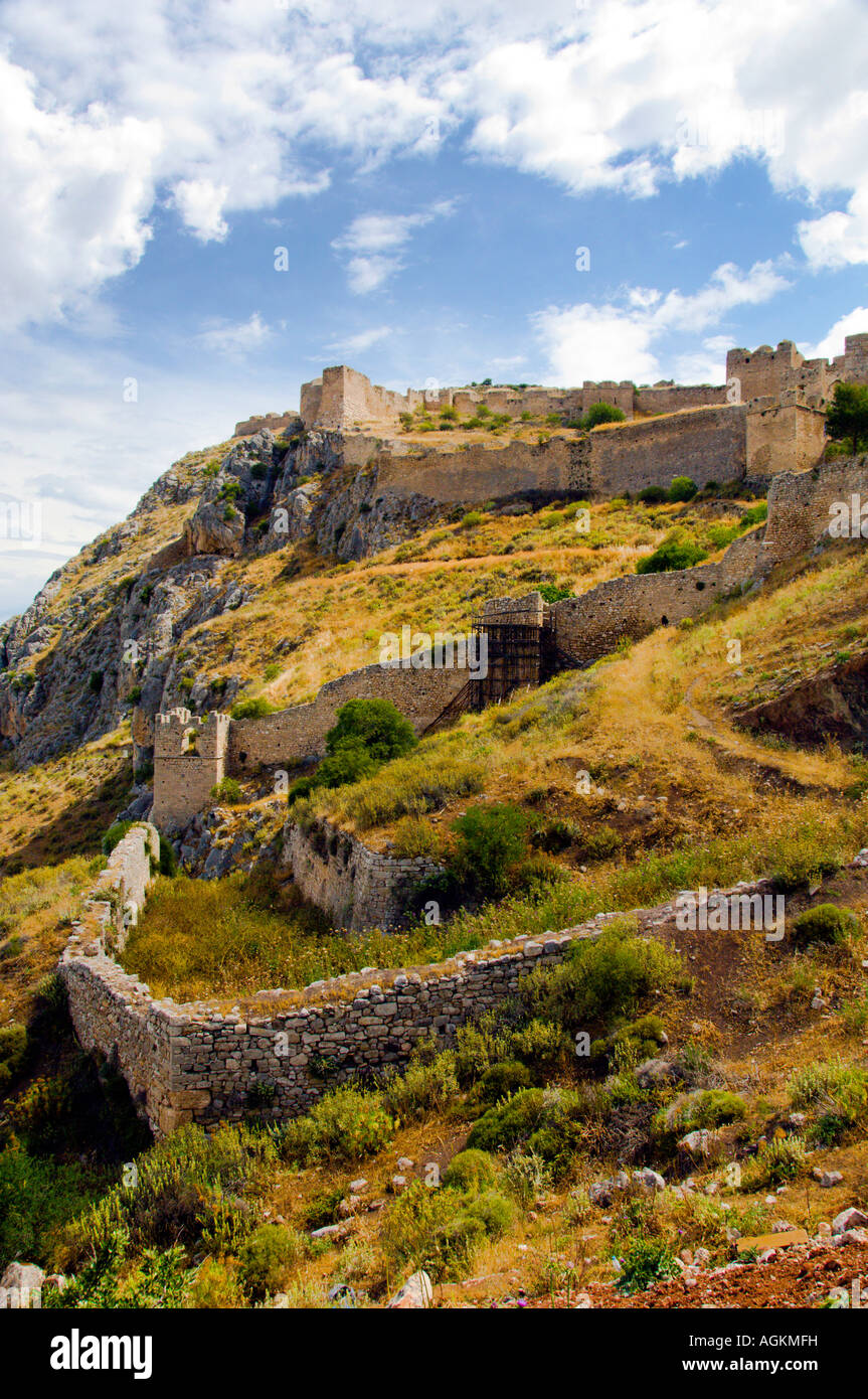 The acrocorinth fortress overlooking the ancient city of Corinth Greece Stock Photo