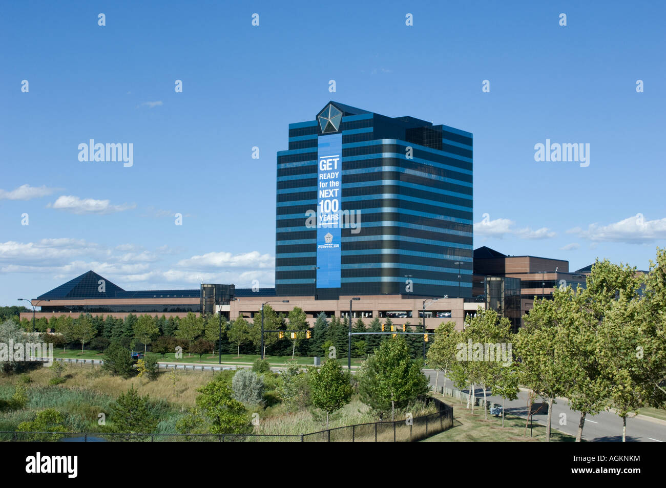 The Chrysler World Headquarters with Get Ready for the Next 100 Years banner Stock Photo