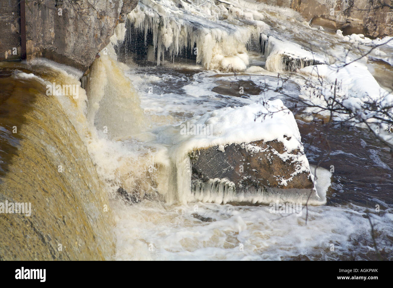 Close up Vilnia River waterfalls in the winter Belmontas Park Vilnius Lithuania Stock Photo