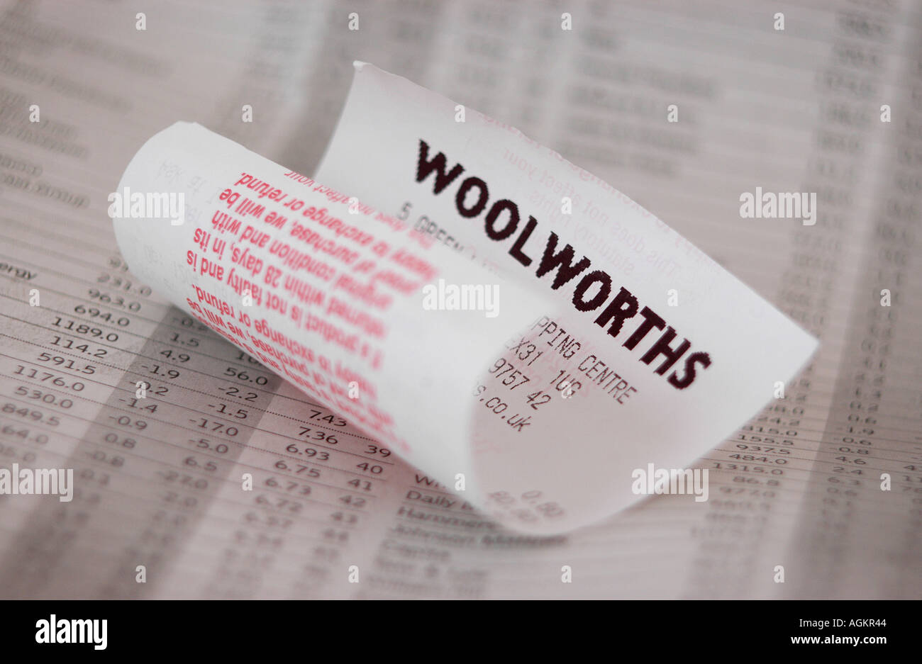 A woolworths receipt pictured on top of the financial page of newspaper