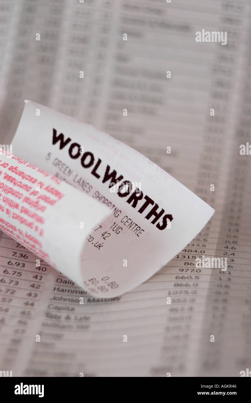 A woolworths receipt pictured on top of the financial page of newspaper