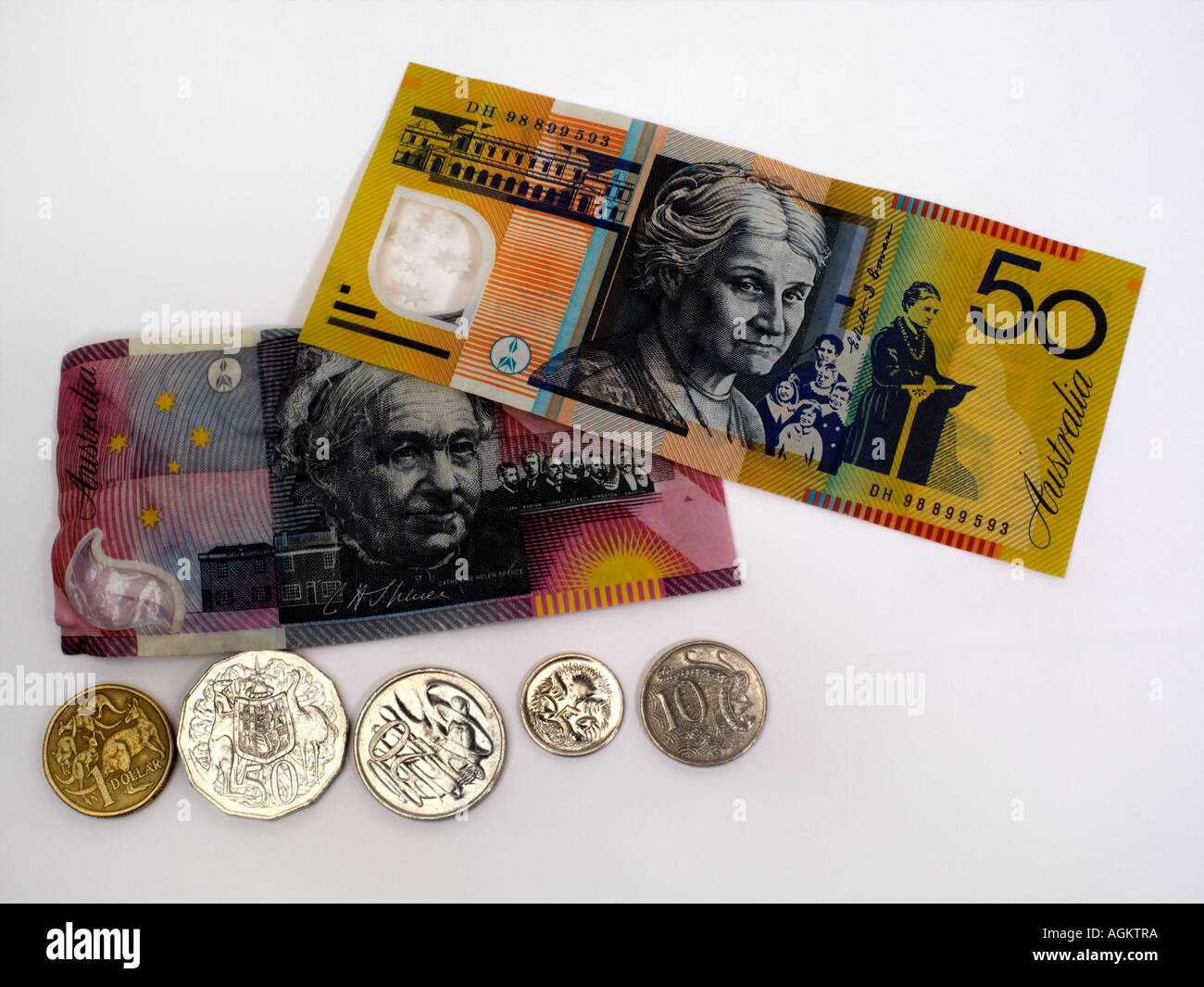 Australian Dollars Notes and Coins Fifty Dollar and Five Dollar Bill One  Dollar Coin Fifty Cents Twenty Cents Ten Cents and Five Stock Photo - Alamy