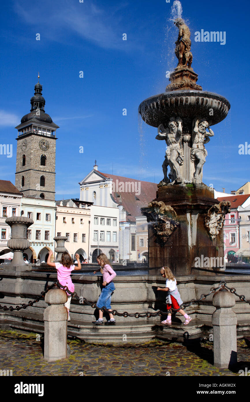 town square downtown with fountain in the city of  Budejovice, Bohemia, Czech Republic, Europe. Photo by Willy Matheisl Stock Photo
