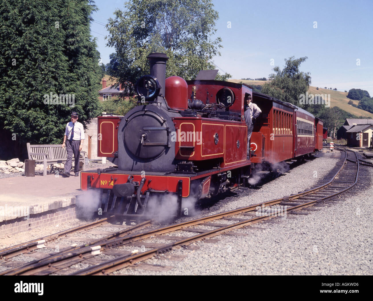 Steam locomotive preparing to depart Welshpool station Powys Wales United Kingdom Stock Photo
