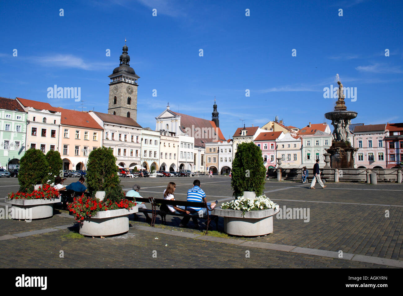 town square downtown Budejovice, Bohemia, Czech Republic, Europe. Photo by Willy Matheisl Stock Photo