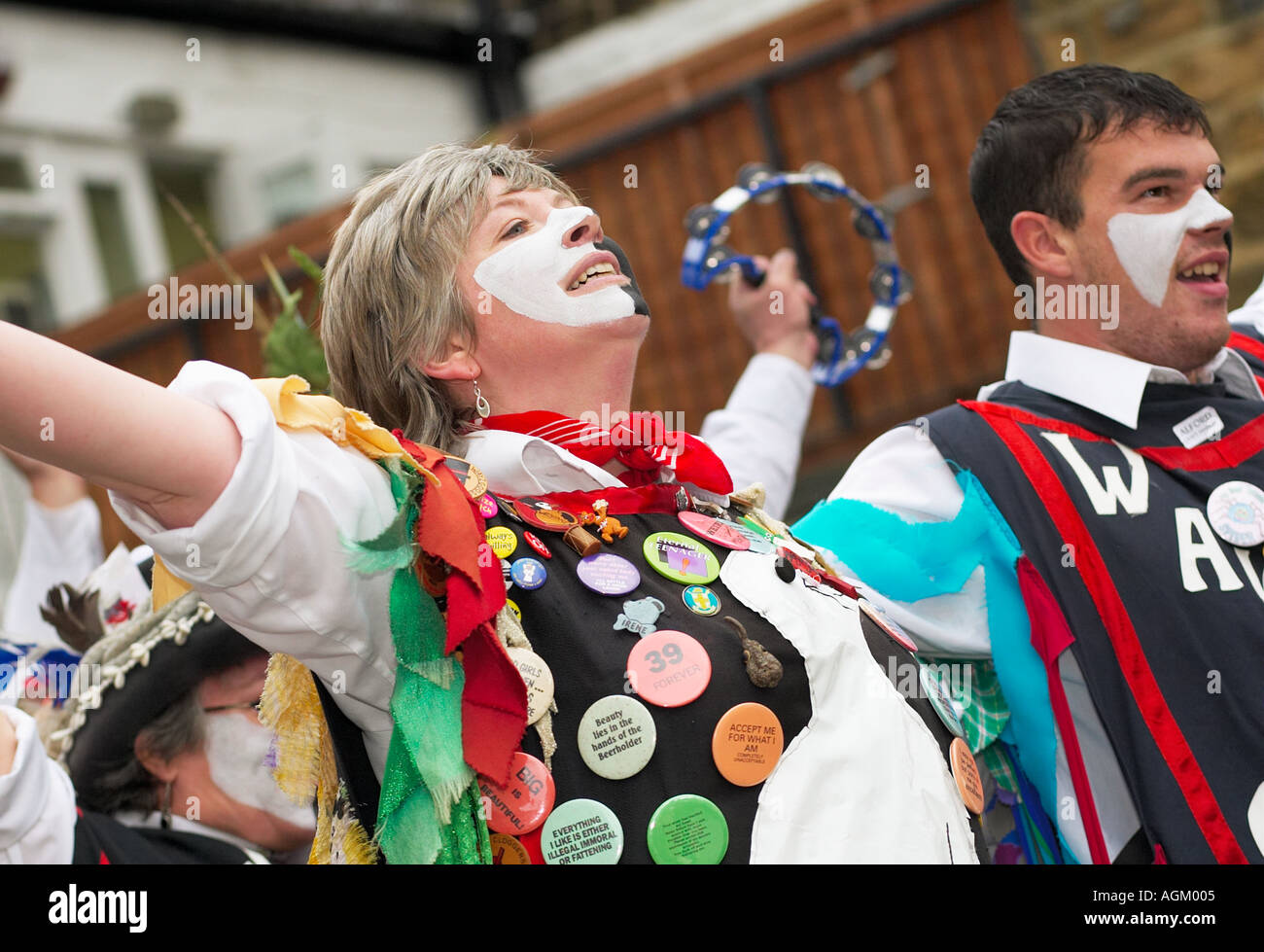Wayzgoose female Morris dancer dancing at a Folk Festival in Yorkshire, UK Stock Photo