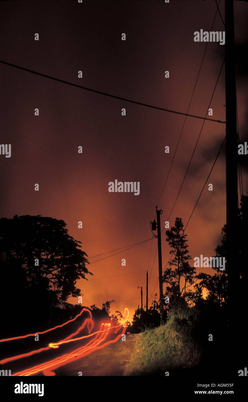 Brush and forest fire burning at night near Pahoa and  Hilo Big Island Hawaii Stock Photo