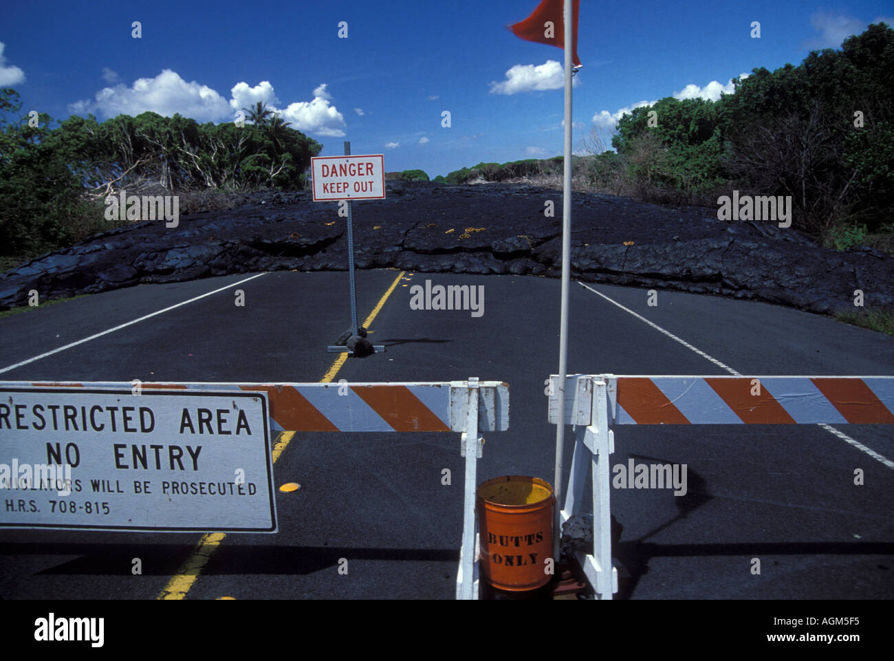 Lava from Kilauea volcano blocking road at Kalapana Big Island Hawaii ...