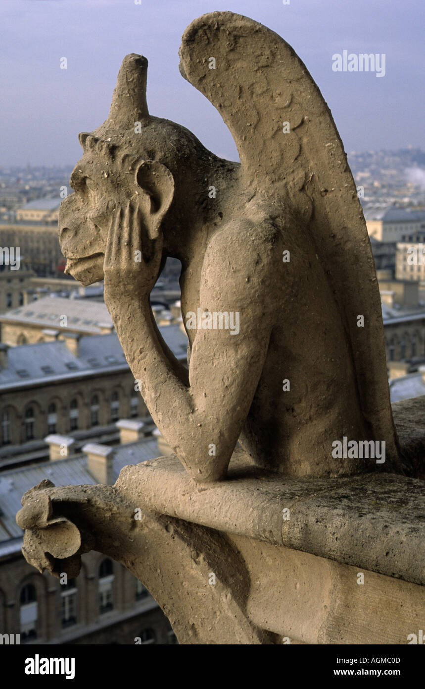 Chimera Gargoyle Notre Dame de Paris France Twilight Winter Stock Photo