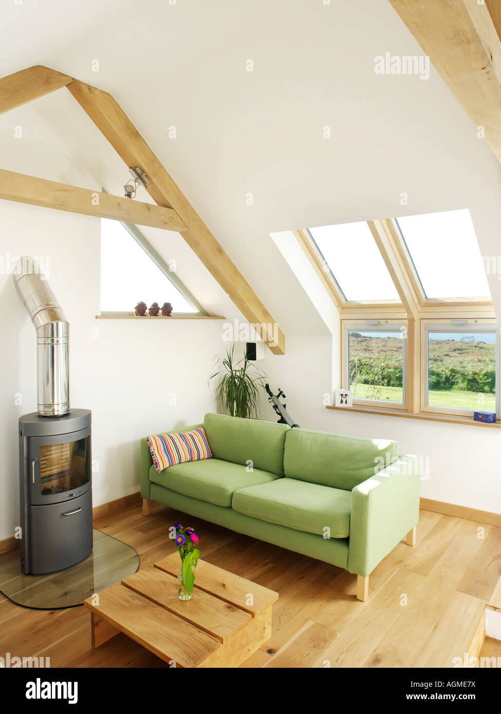 Loft conversion sitting room with wood burner and skylight windows Stock Photo