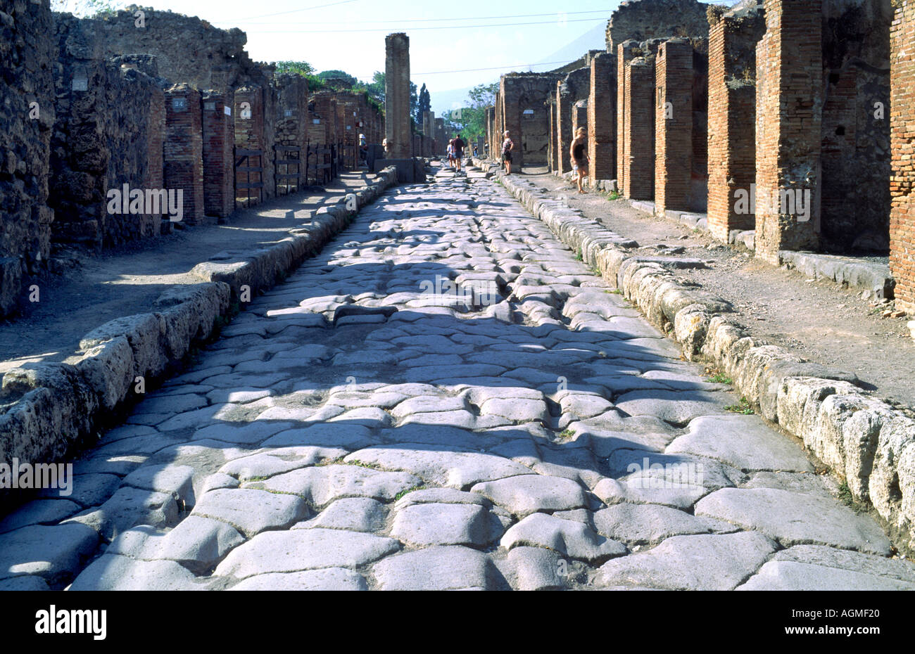 A road in the ruins of Pompeii Italy with ruts caused by carts engraved into the surface Stock Photo